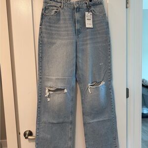 Zara Light Wash Distressed Straight-Leg Ripped Jeans
